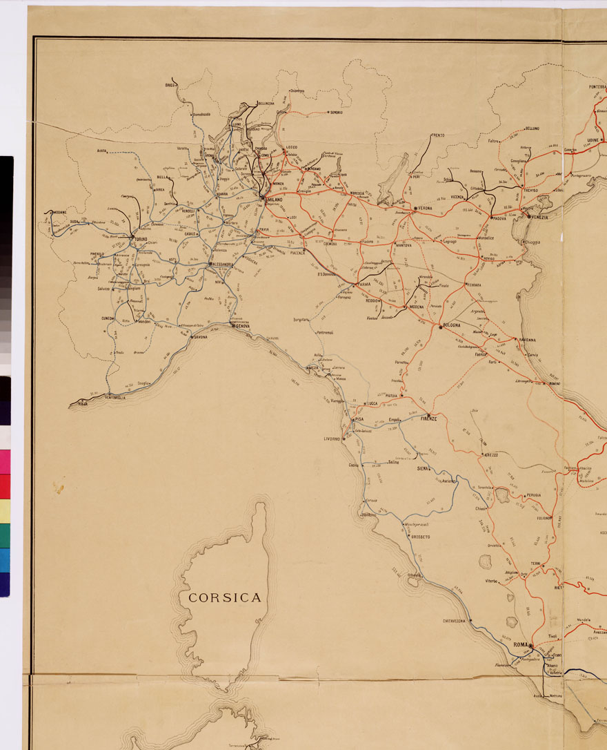 (N:3791) CARTA DELLE FERROVIE DELL'ITALIA CONTINENTALE DIVISA NELLE RETI ADRIATICA E MEDITERRANEA LE STRADE AUTOMOBILISTICHE E LE LINEE FERROVIARIE ITALIANE (B0008527, B0008528, B0008529, B0008530, B8527-30) Carte e stampe antiche: riproduzione a colori su carta (formato A1)