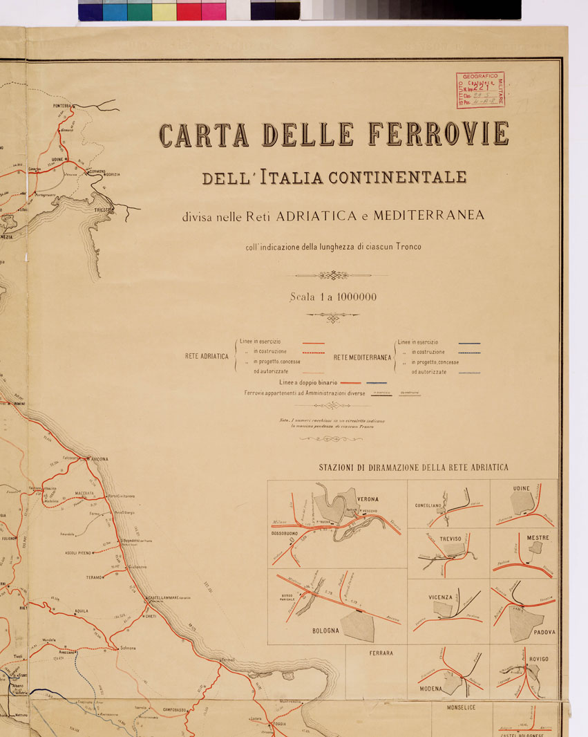 (N:3791) CARTA DELLE FERROVIE DELL'ITALIA CONTINENTALE DIVISA NELLE RETI ADRIATICA E MEDITERRANEA LE STRADE AUTOMOBILISTICHE E LE LINEE FERROVIARIE ITALIANE (B0008527, B0008528, B0008529, B0008530, B8527-30) Carte e stampe antiche: riproduzione a colori su carta (formato A1)