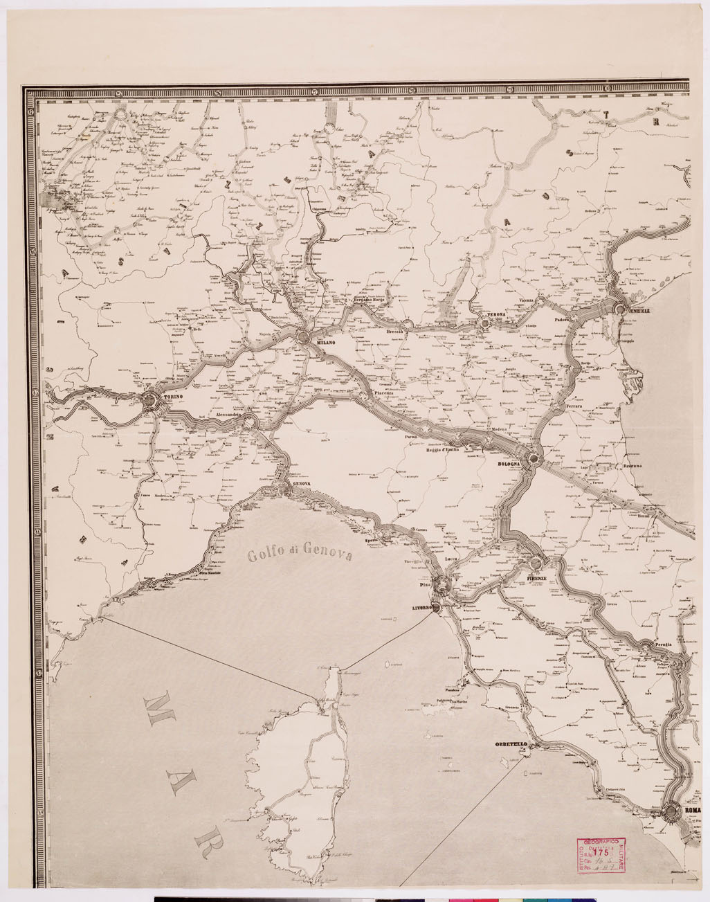 (N:3775) CARTA DELLE COMUNICAZIONI TELEGRAFICHE DEL REGNO D'ITALIA PUBBLICATA DALLA DIREZIONE GENERALE DEI TELEGRAFI. ROMA 1 MAGGIO 1880. - Foglio 1 (B0008690) Carte e stampe antiche: riproduzione a colori su carta (formato A1)