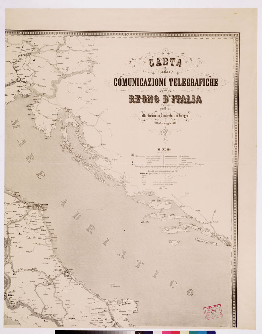 (N:3776) CARTA DELLE COMUNICAZIONI TELEGRAFICHE DEL REGNO D'ITALIA PUBBLICATA DALLA DIREZIONE GENERALE DEI TELEGRAFI. ROMA 1 MAGGIO 1880. - Foglio 2 (B0008691) Carte e stampe antiche: riproduzione a colori su carta (formato A1)