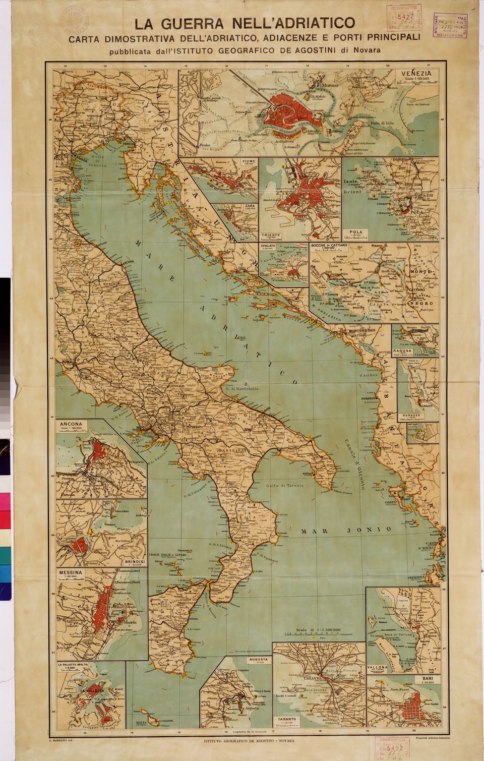 (N:11227) LA GUERRA NELL'ADRIATICO CARTA DIMOSTRATIVA DELLADRIATICO, ADIACENZE E PORTI PRINCIPALI PUBBLICATA DALL'ISTITUTO GEOGRAFICO DE AGOSTINI DI NOVARA (B0008701) Carte e stampe antiche: riproduzione a colori su carta (formato A1)