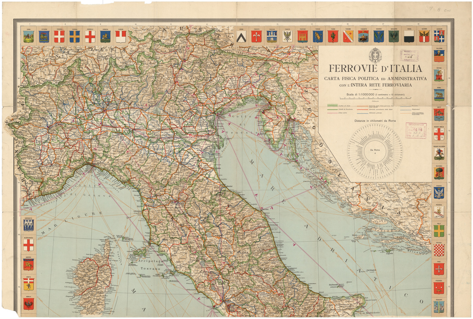 (N:9838) FERROVIE D'ITALIA CARTA FISICA POLITICA ED AMMINISTRATIVA CON L'INTERA RETE FERROVARIA (B0008734) Carte e stampe antiche: riproduzione a colori su carta (formato A1)