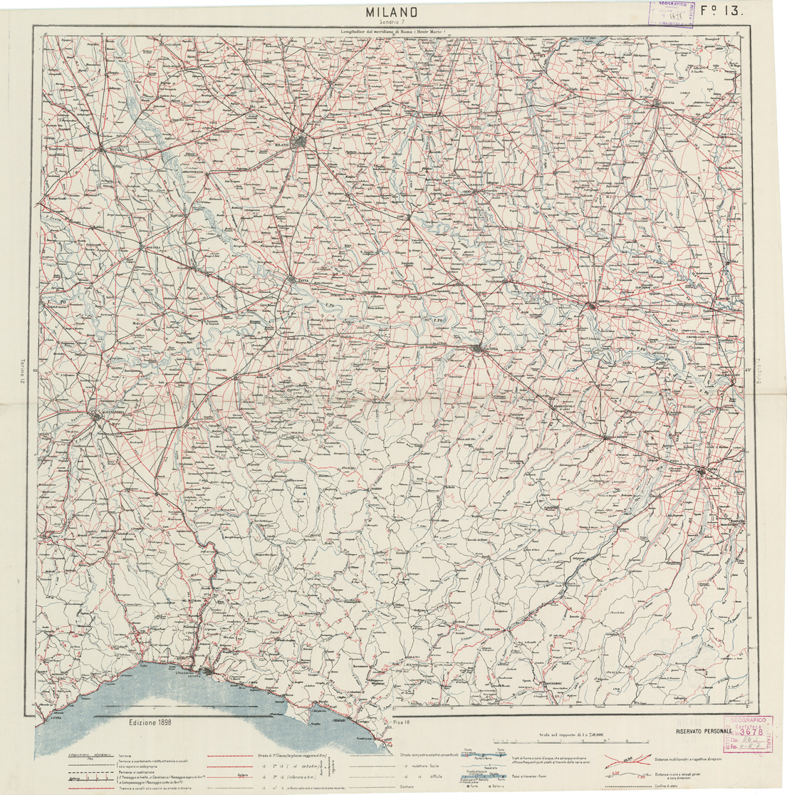 (N:5604) CARTA LOGISTICA D'ITALIA - Foglio 13 MILANO (B0009055) Carte e stampe antiche: riproduzione a colori su carta (formato A1)