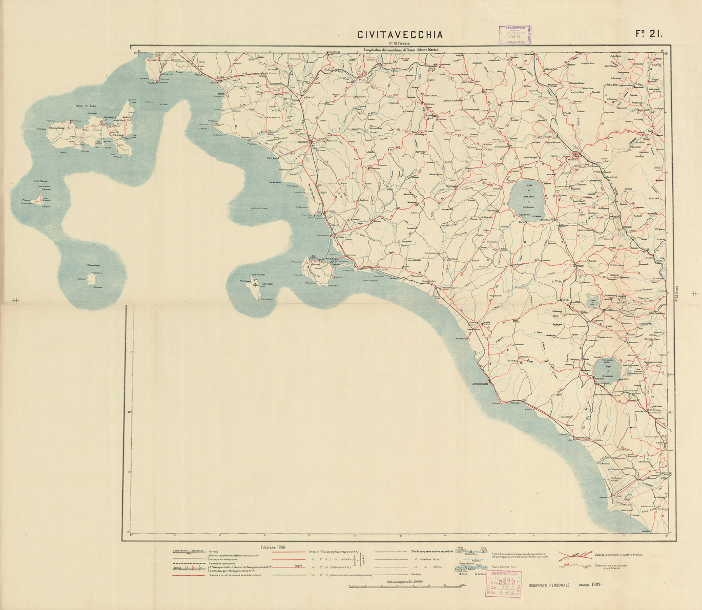 (N:5621) CARTA LOGISTICA D'ITALIA - Foglio 21 CIVITAVECCHIA (B0009071) Carte e stampe antiche: riproduzione a colori su carta (formato A1)