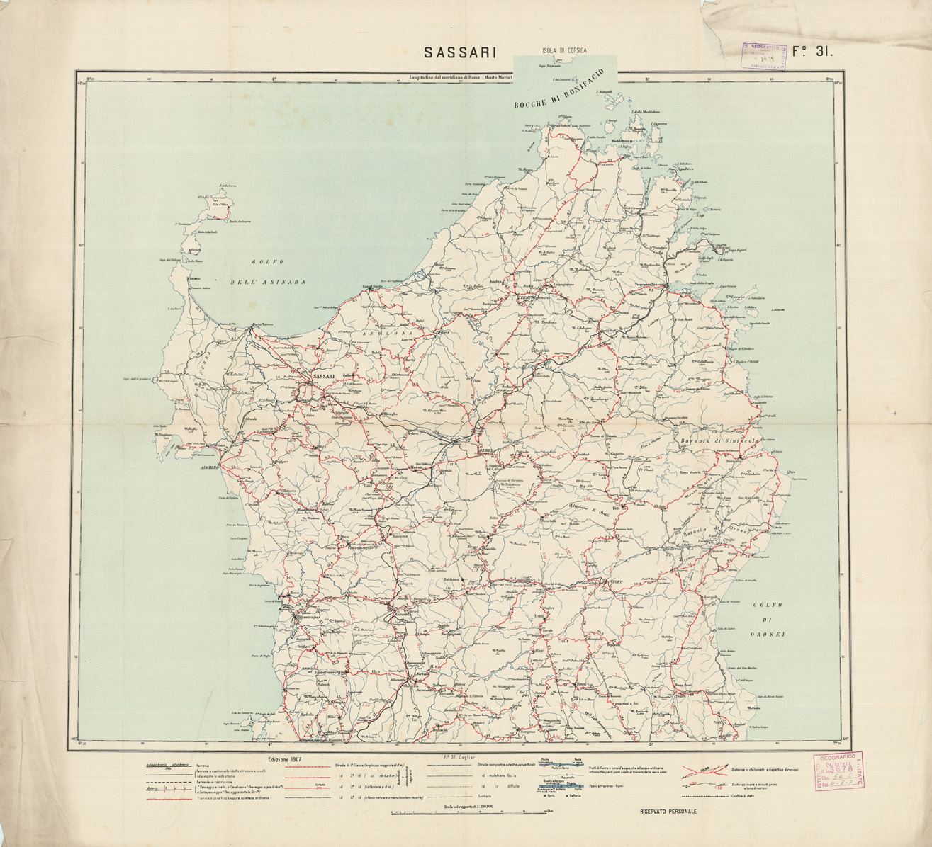 (N:5638) CARTA LOGISTICA D'ITALIA - Foglio 31 SASSARI (B0009087) Carte e stampe antiche: riproduzione a colori su carta (formato A1)