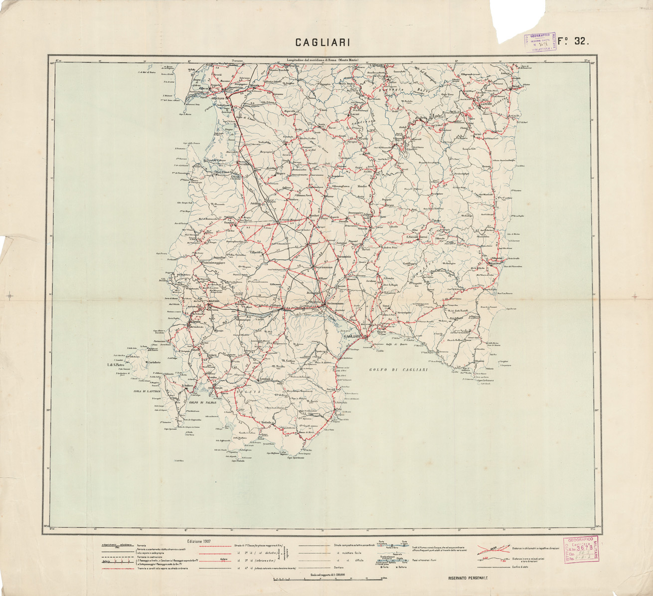(N:5640) CARTA LOGISTICA D'ITALIA - Foglio 32 CAGLIARI (B0009089) Carte e stampe antiche: riproduzione a colori su carta (formato A1)
