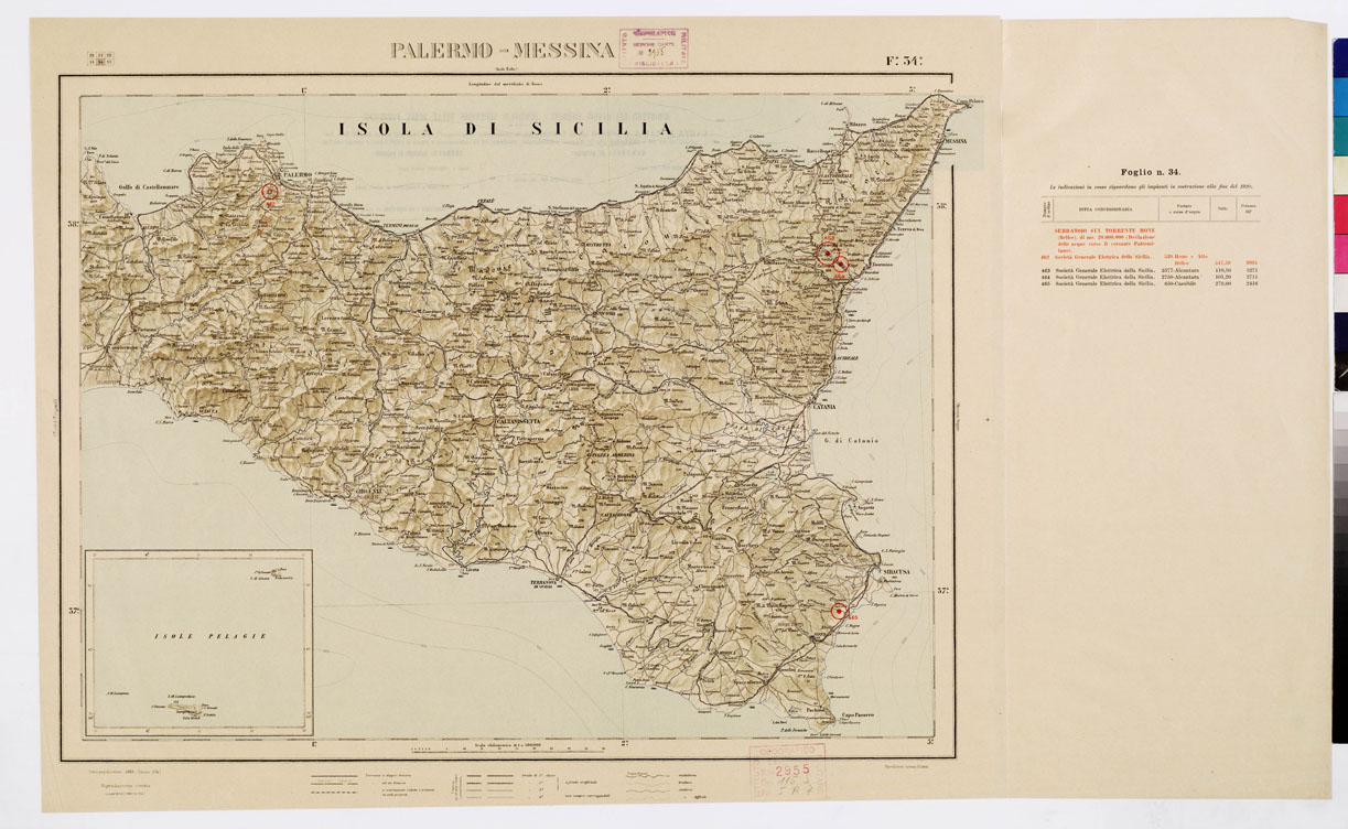 (N:1063) CARTA D'ITALIA CON LE INDICAZIONI DELLE CENTRALI PER LA PRODUZIONE DI ENERGIA ELETTRICA, ESISTENTI ED IN COSTRUZIONE A TUTTO LANNO 1920 - Foglio 34 PALERMO MESSINA (B0009093) Carte e stampe antiche: riproduzione a colori su carta (formato A1)