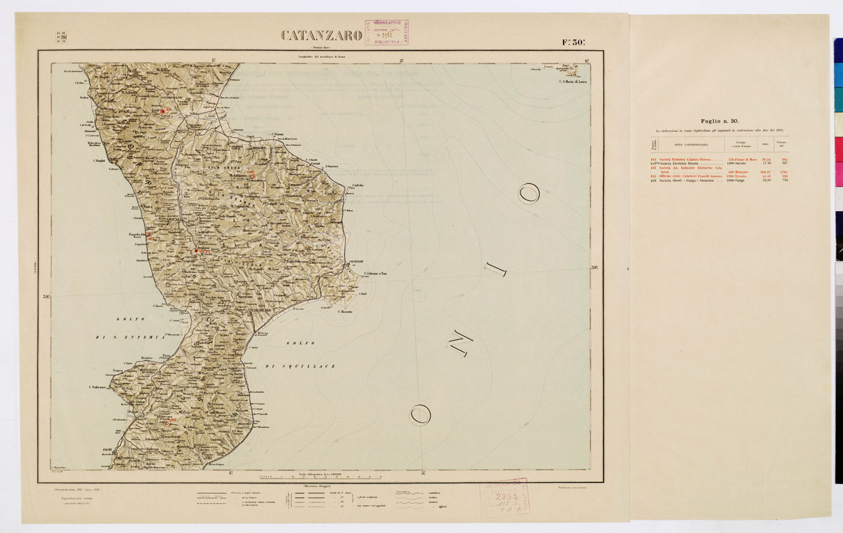 (N:1061) CARTA D'ITALIA CON LE INDICAZIONI DELLE CENTRALI PER LA PRODUZIONE DI ENERGIA ELETTRICA, ESISTENTI ED IN COSTRUZIONE A TUTTO LANNO 1920 - Foglio 30 CATANZARO (B0009095) Carte e stampe antiche: riproduzione a colori su carta (formato A1)