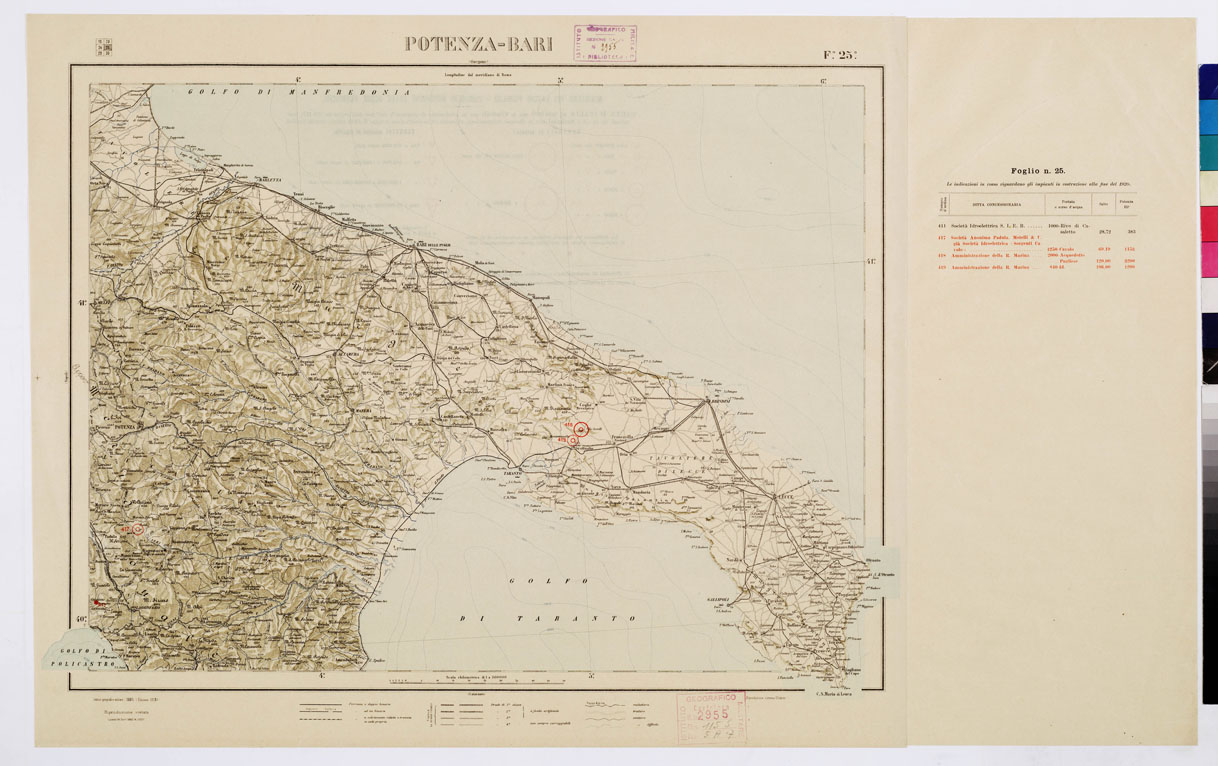 (N:1057) CARTA D'ITALIA CON LE INDICAZIONI DELLE CENTRALI PER LA PRODUZIONE DI ENERGIA ELETTRICA, ESISTENTI ED IN COSTRUZIONE A TUTTO LANNO 1920 - Foglio 25 POTENZA BARI (B0009097) Carte e stampe antiche: riproduzione a colori su carta (formato A1)