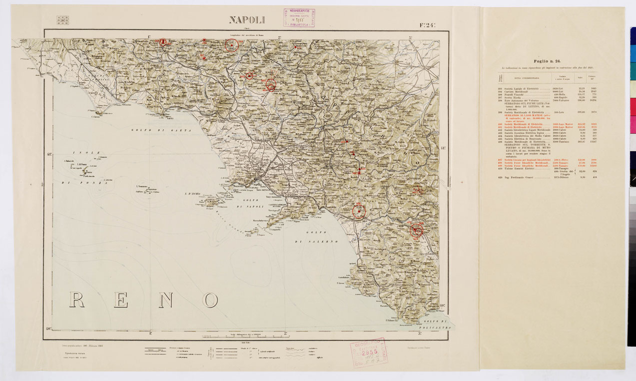 (N:1056) CARTA D'ITALIA CON LE INDICAZIONI DELLE CENTRALI PER LA PRODUZIONE DI ENERGIA ELETTRICA, ESISTENTI ED IN COSTRUZIONE A TUTTO LANNO 1920 - Foglio 24 NAPOLI (B0009098) Carte e stampe antiche: riproduzione a colori su carta (formato A1)
