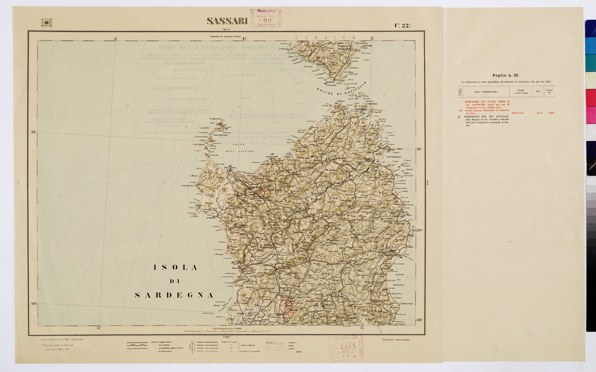 (N:1054) CARTA D'ITALIA CON LE INDICAZIONI DELLE CENTRALI PER LA PRODUZIONE DI ENERGIA ELETTRICA, ESISTENTI ED IN COSTRUZIONE A TUTTO LANNO 1920 - Foglio 22 SASSARI (B0009100) Carte e stampe antiche: riproduzione a colori su carta (formato A1)