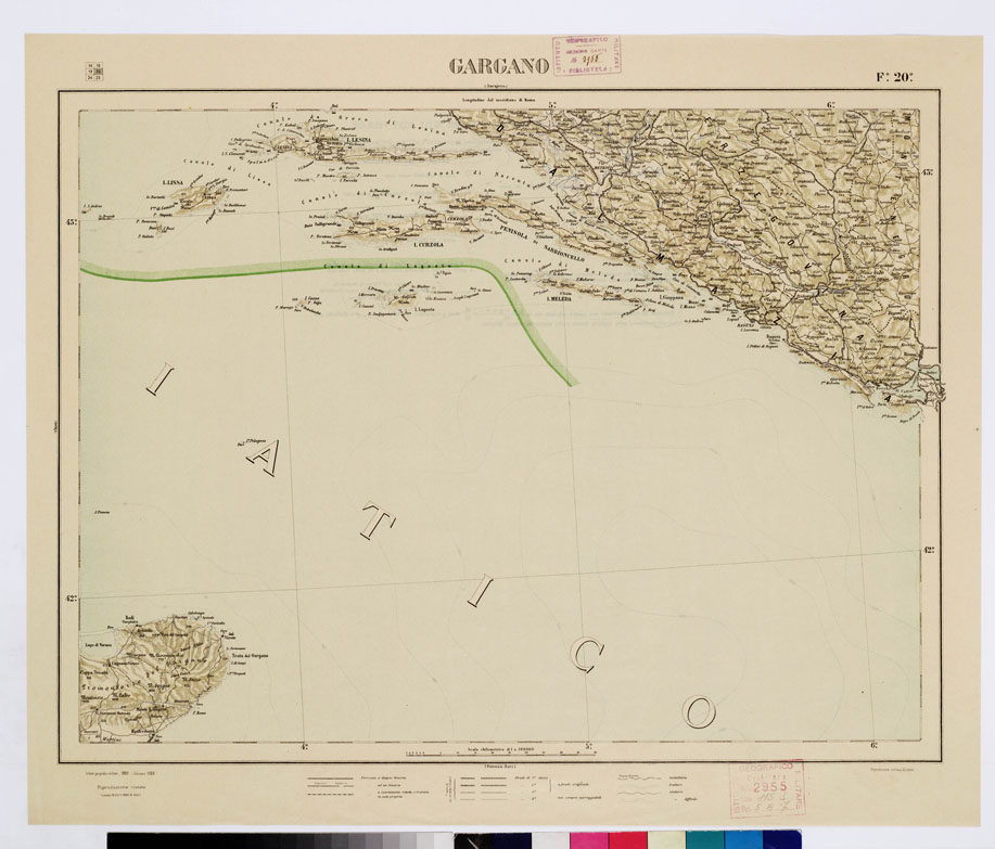 (N:1053) CARTA D'ITALIA CON LE INDICAZIONI DELLE CENTRALI PER LA PRODUZIONE DI ENERGIA ELETTRICA, ESISTENTI ED IN COSTRUZIONE A TUTTO LANNO 1920 - Foglio 20 GARGANO (B0009101) Carte e stampe antiche: riproduzione a colori su carta (formato A1)