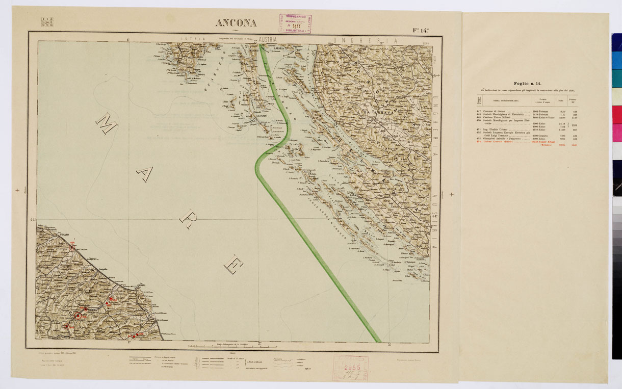 (N:1050) CARTA D'ITALIA CON LE INDICAZIONI DELLE CENTRALI PER LA PRODUZIONE DI ENERGIA ELETTRICA, ESISTENTI ED IN COSTRUZIONE A TUTTO LANNO 1920 - Foglio 14 ANCONA (B0009104) Carte e stampe antiche: riproduzione a colori su carta (formato A1)