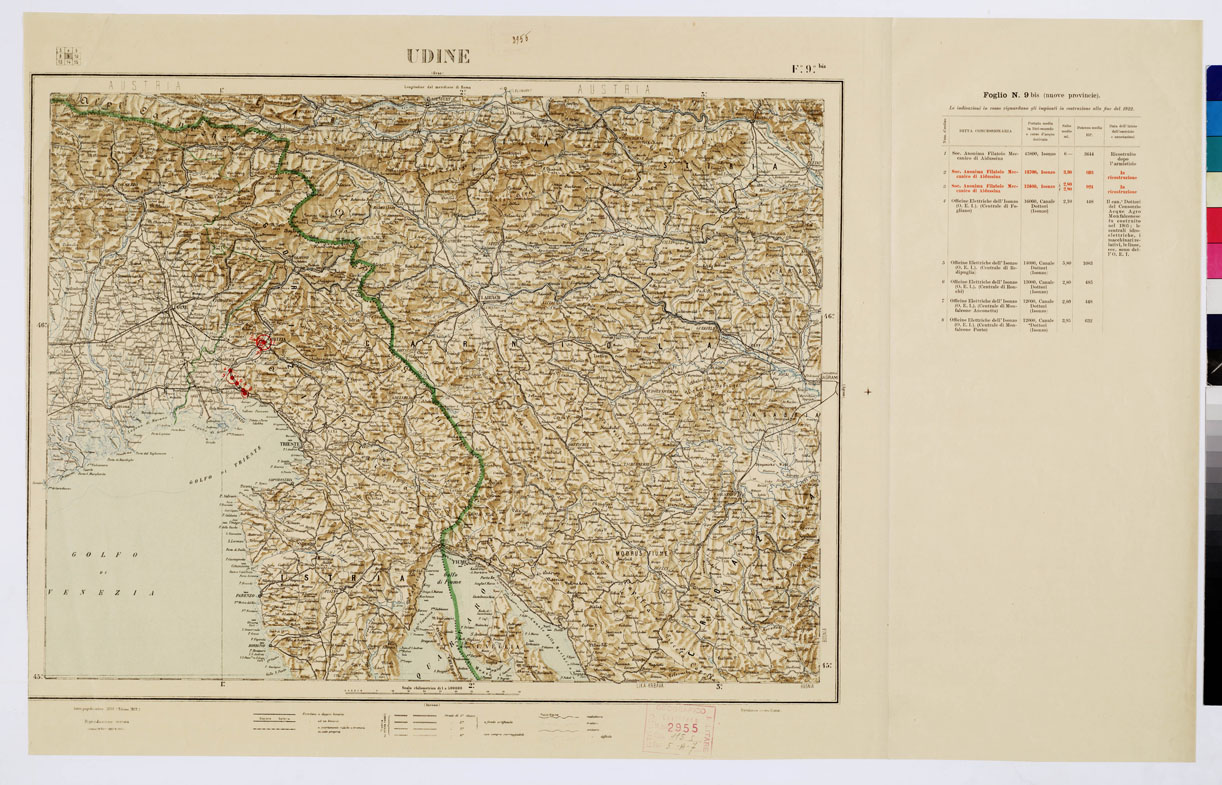 (N:1070) CARTA D'ITALIA CON LE INDICAZIONI DELLE CENTRALI PER LA PRODUZIONE DI ENERGIA ELETTRICA, ESISTENTI ED IN COSTRUZIONE A TUTTO LANNO 1920 - Foglio 9 BIS UDINE (B0009107) Carte e stampe antiche: riproduzione a colori su carta (formato A1)