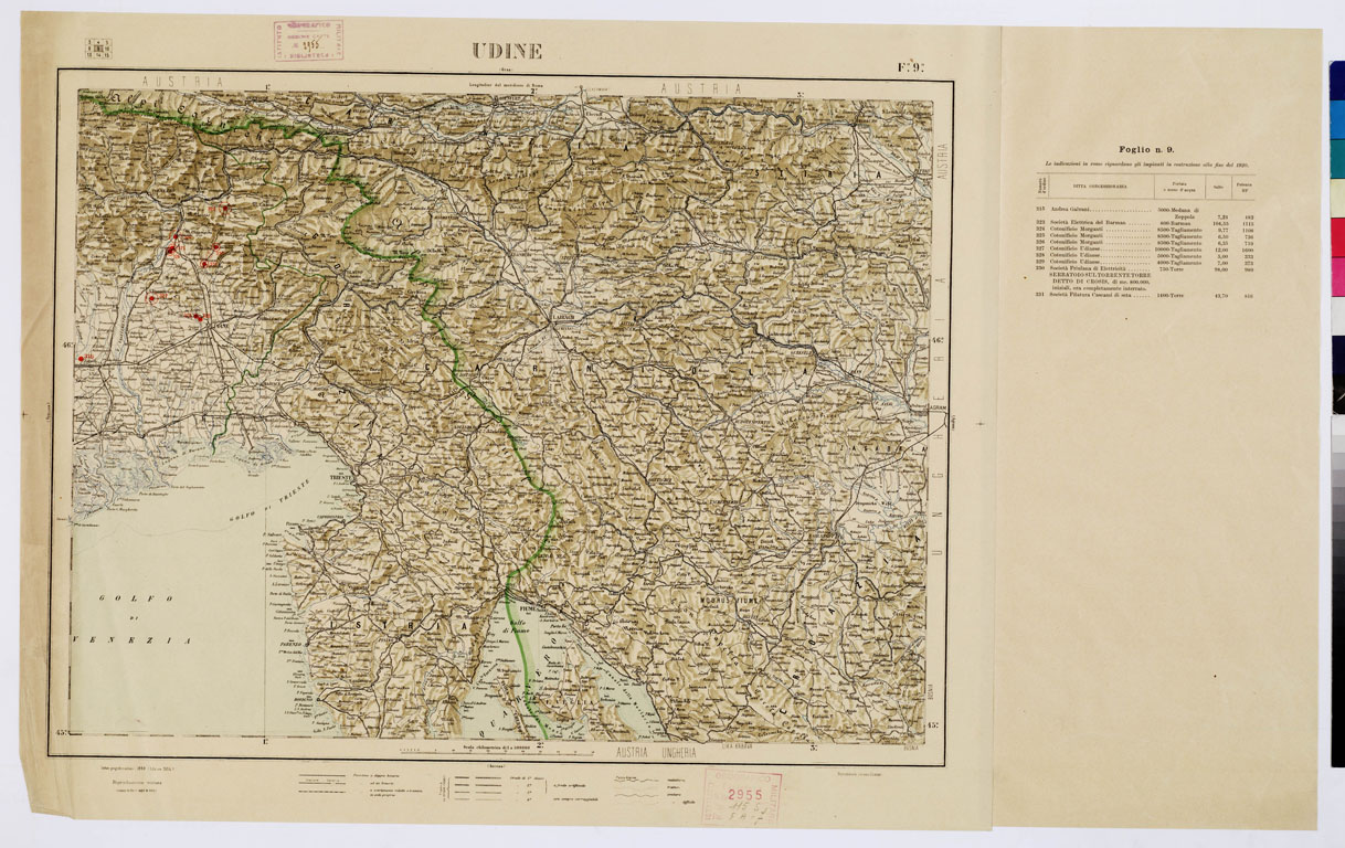 (N:1071) CARTA D'ITALIA CON LE INDICAZIONI DELLE CENTRALI PER LA PRODUZIONE DI ENERGIA ELETTRICA, ESISTENTI ED IN COSTRUZIONE A TUTTO LANNO 1920 - Foglio 9 UDINE (B0009108) Carte e stampe antiche: riproduzione a colori su carta (formato A1)