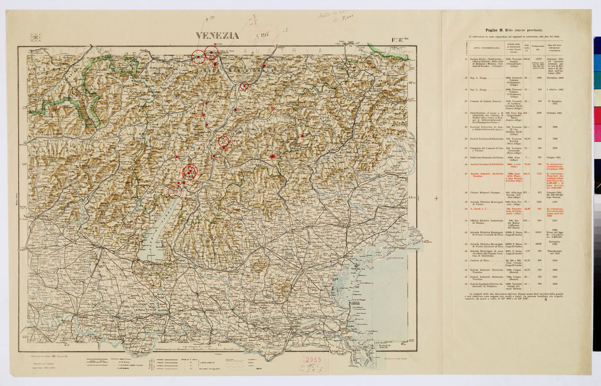 (N:1067) CARTA D'ITALIA CON LE INDICAZIONI DELLE CENTRALI PER LA PRODUZIONE DI ENERGIA ELETTRICA, ESISTENTI ED IN COSTRUZIONE A TUTTO LANNO 1920 - Foglio 8 BIS VENEZIA (B0009109) Carte e stampe antiche: riproduzione a colori su carta (formato A1)