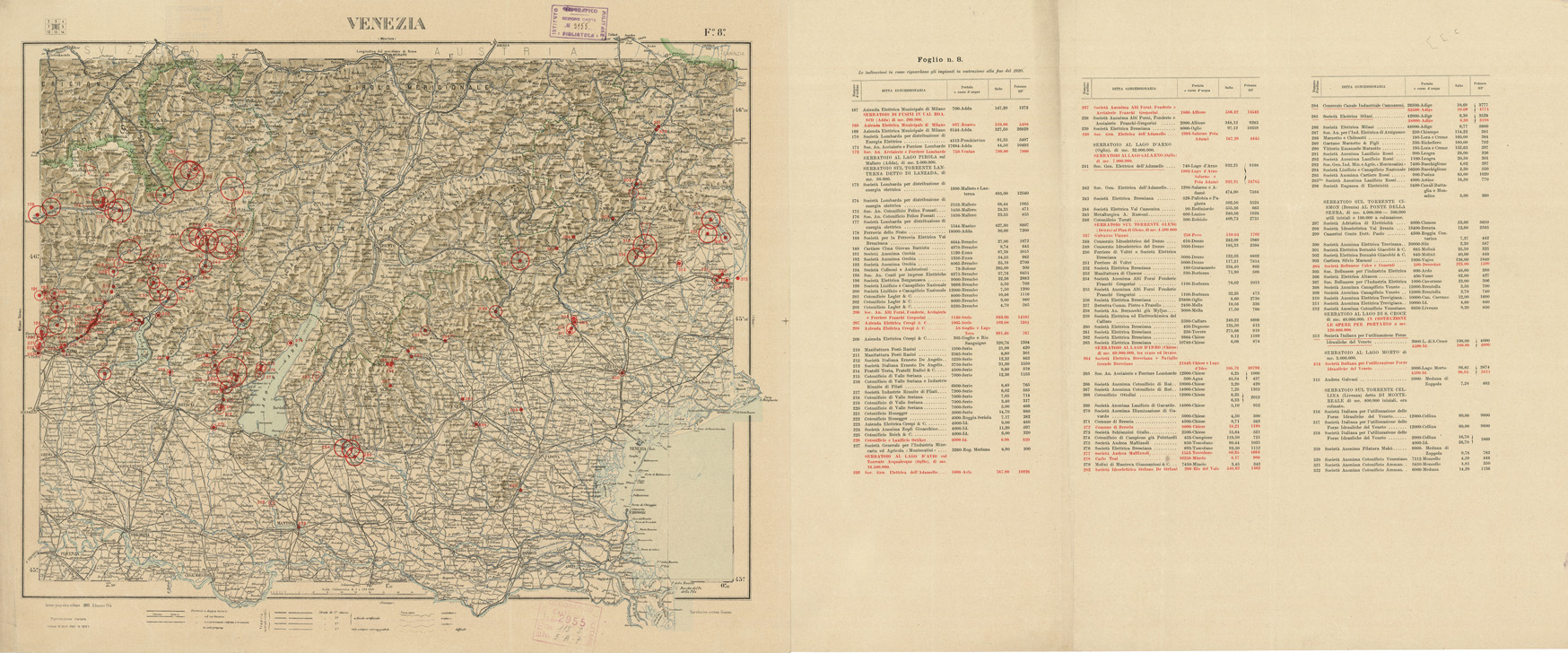 (N:1068) CARTA D'ITALIA CON LE INDICAZIONI DELLE CENTRALI PER LA PRODUZIONE DI ENERGIA ELETTRICA, ESISTENTI ED IN COSTRUZIONE A TUTTO LANNO 1920 - Foglio 8 VENEZIA (B0009110) Carte e stampe antiche: riproduzione a colori su carta (formato A1)