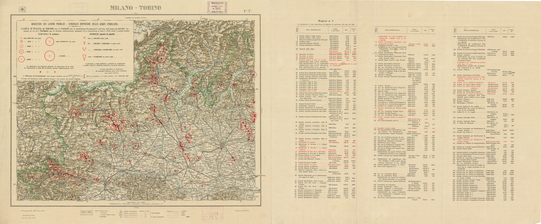 (N:1065) CARTA D'ITALIA CON LE INDICAZIONI DELLE CENTRALI PER LA PRODUZIONE DI ENERGIA ELETTRICA, ESISTENTI ED IN COSTRUZIONE A TUTTO LANNO 1920 - Foglio 7 MILANO (B0009112) Carte e stampe antiche: riproduzione a colori su carta (formato A1)