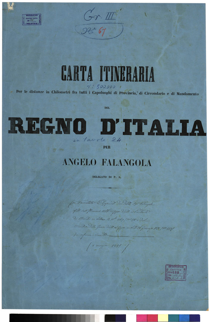 (N:5588) CARTA ITINERARIA PER LE DISTANZE IN CHILOMETRI FRA CAPOLUOGHI DI PROVINCIA DI CIRCONDARIO E DI MANDAMENTO DEL REGNO DITALIA PER ANGELO FALANGOLA DELEGATO DI P. S. - TITOLO (B0009115) Carte e stampe antiche: riproduzione a colori su carta (formato A1)
