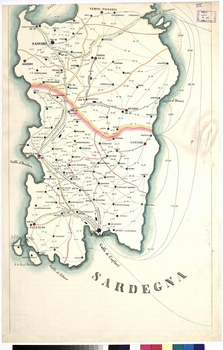 (N:5577) CARTA ITINERARIA PER LE DISTANZE IN CHILOMETRI FRA CAPOLUOGHI DI PROVINCIA DI CIRCONDARIO E DI MANDAMENTO DEL REGNO D'ITALIA PER ANGELO FALANGOLA DELEGATO DI P.S. - TAVOLA XIV (B0009130) Carte e stampe antiche: riproduzione a colori su carta (formato A1)