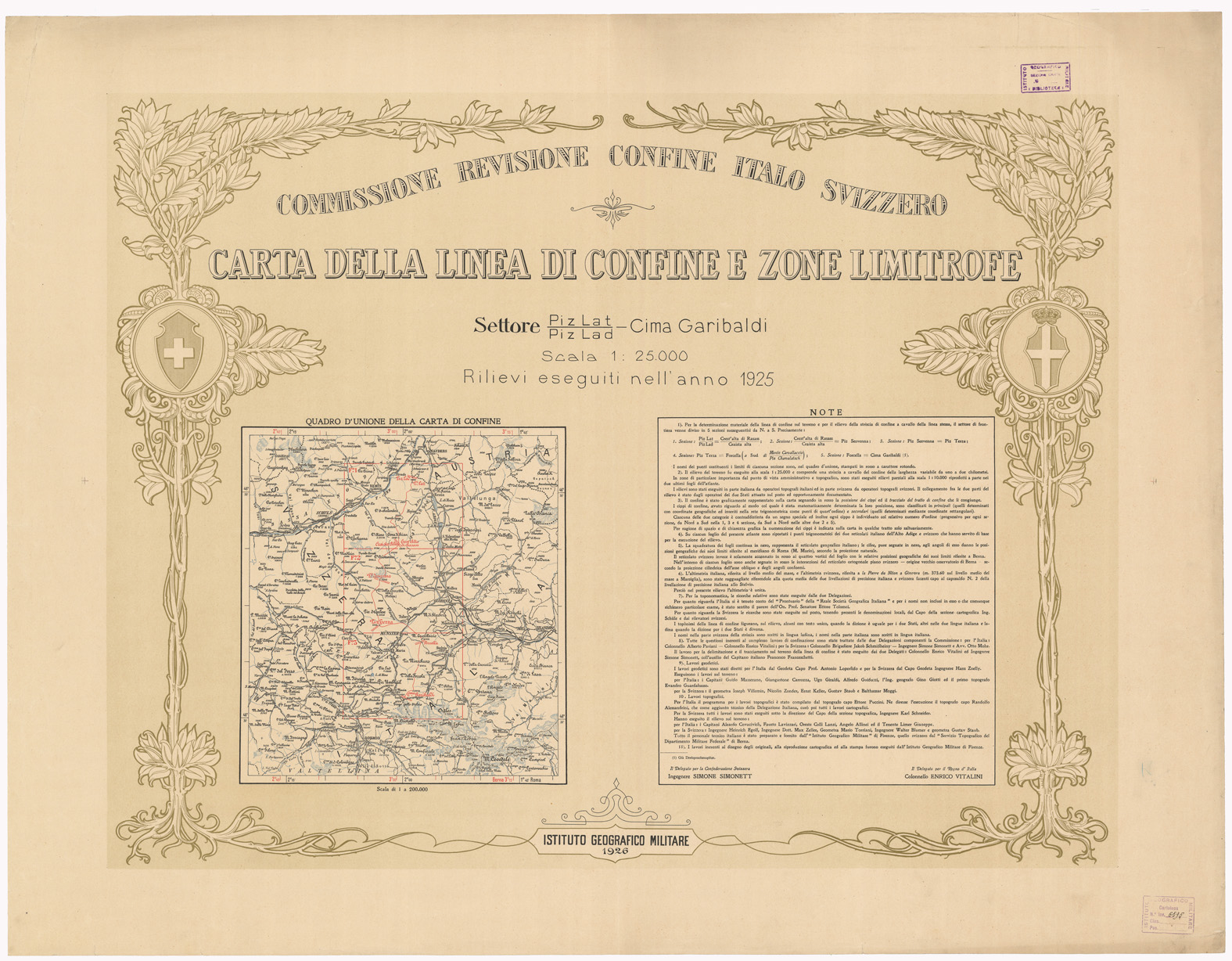 (N:3427) CARTA DELLA LINEA DI CONFINE E ZONE LIMITROFE SETTORE PIZ-LAT CIMA GARIBALDI - CONFINE ITALO SVIZZERO - INTESTAZIONE E QUADRO D'UNIONE (B0009261) Carte e stampe antiche: riproduzione a colori su carta (formato A1)