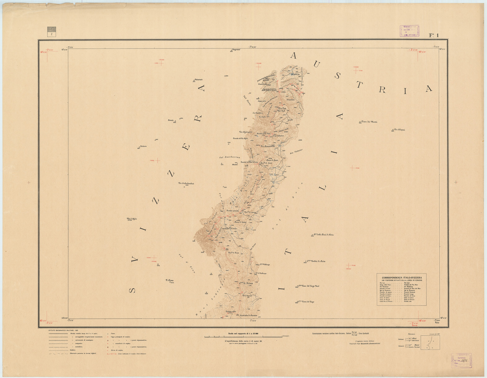 (N:3417) CARTA DELLA LINEA DI CONFINE E ZONE LIMITROFE SETTORE PIZ-LAT CIMA GARIBALDI - CONFINE ITALO SVIZZERO - Foglio 1 (B0009263) Carte e stampe antiche: riproduzione a colori su carta (formato A1)