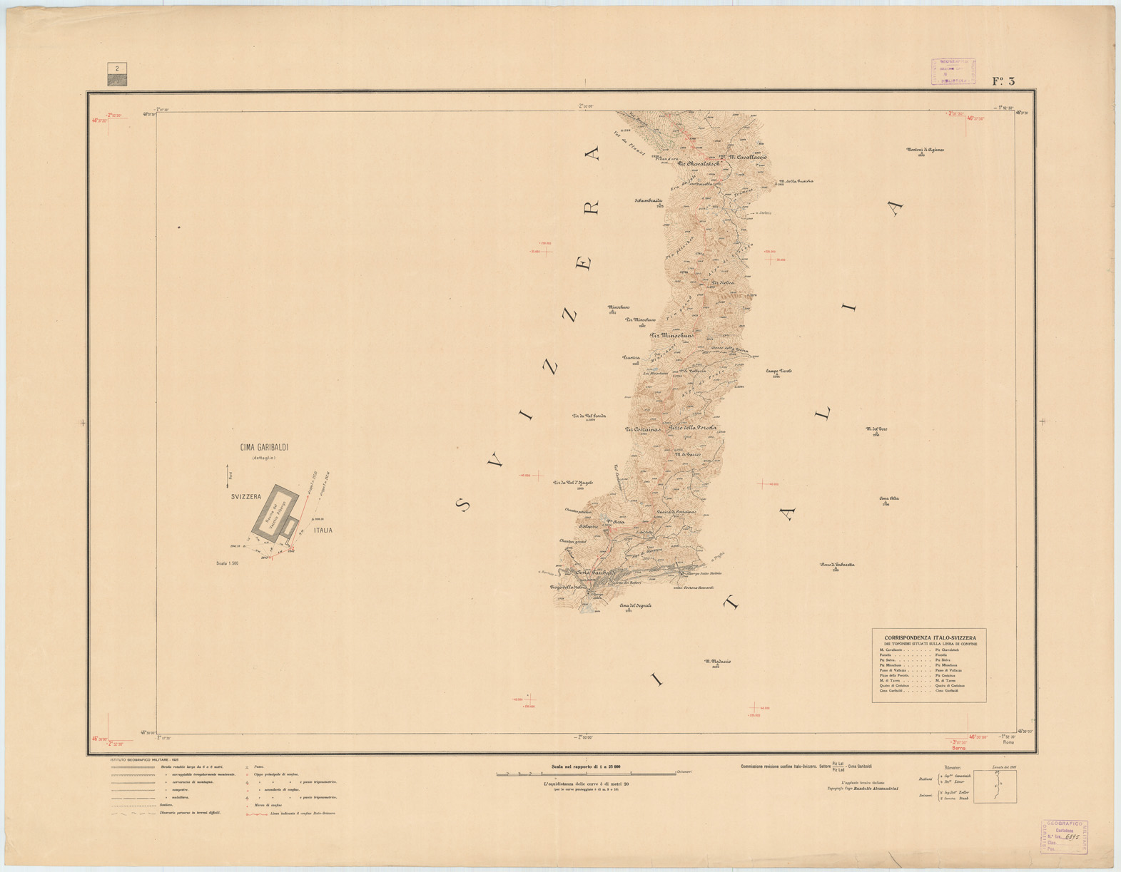 (N:3421) CARTA DELLA LINEA DI CONFINE E ZONE LIMITROFE SETTORE PIZ-LAT CIMA GARIBALDI - CONFINE ITALO SVIZZERO - Foglio 3 (B0009267) Carte e stampe antiche: riproduzione a colori su carta (formato A1)