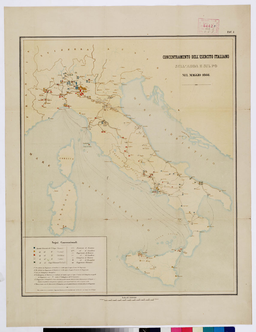 (N:16424) TEATRO DELLA GUERRA - CONCENTRAMENTO DELL'ESERCITO ITALIANO SULLADDA E SUL PO NEL MAGGIO 1866 - Tavola I (B0009281) Carte e stampe antiche: riproduzione a colori su carta (formato A1)