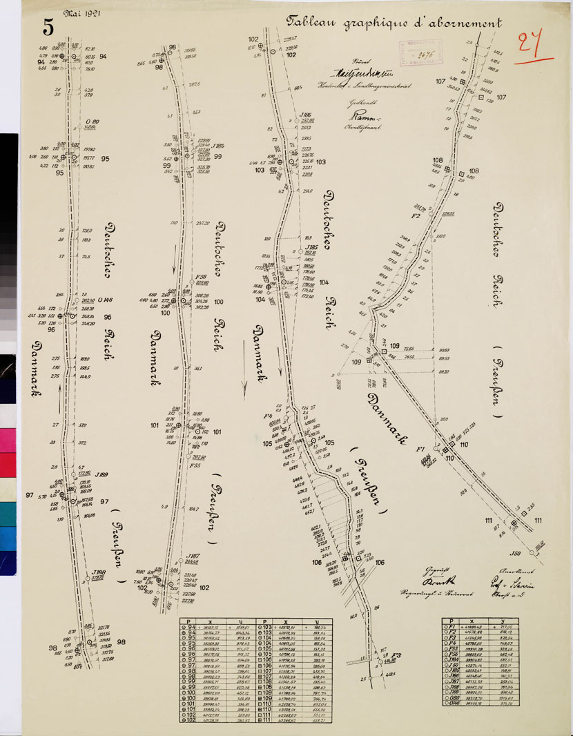 (N:8387) CARTE DE LA FRONTIERE ENTRE L'ALLEMAGNE (PRUSSE) ET LE DANEMARK - E TABLIE PAR LA COMMISSION DE DELIMITATION - TABLEAU GRAPHIQUE D'ABORNEMENT - Foglio 27 (B0009330) Carte e stampe antiche: riproduzione a colori su carta (formato A1)