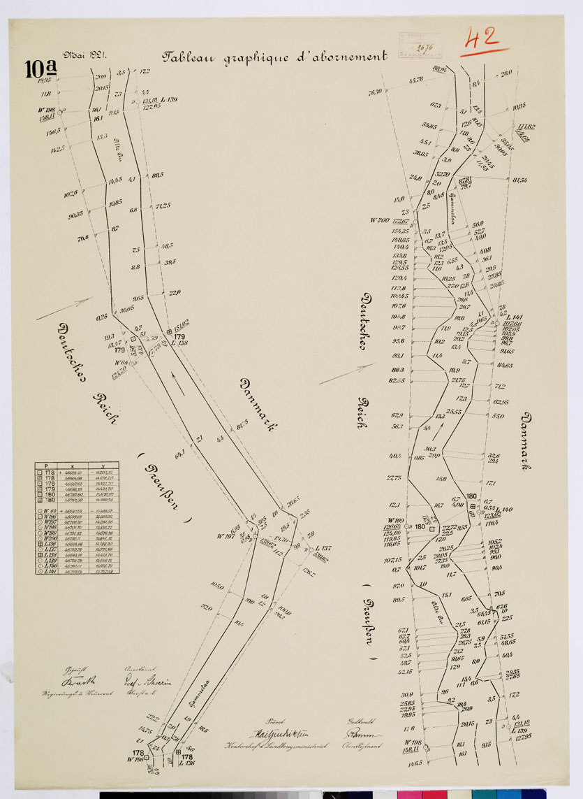 (N:8402) CARTE DE LA FRONTIERE ENTRE L'ALLEMAGNE (PRUSSE) ET LE DANEMARK - E TABLIE PAR LA COMMISSION DE DELIMITATION - TABLEAU GRAPHIQUE D'ABORNEMENT - Foglio 42 (B0009345) Carte e stampe antiche: riproduzione a colori su carta (formato A1)