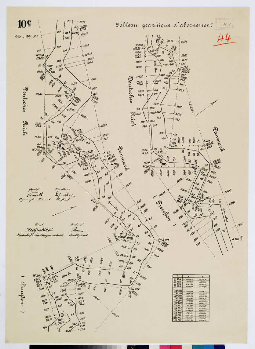 (N:8404) CARTE DE LA FRONTIERE ENTRE L'ALLEMAGNE (PRUSSE) ET LE DANEMARK - E TABLIE PAR LA COMMISSION DE DELIMITATION - TABLEAU GRAPHIQUE D'ABORNEMENT - Foglio 44 (B0009347) Carte e stampe antiche: riproduzione a colori su carta (formato A1)