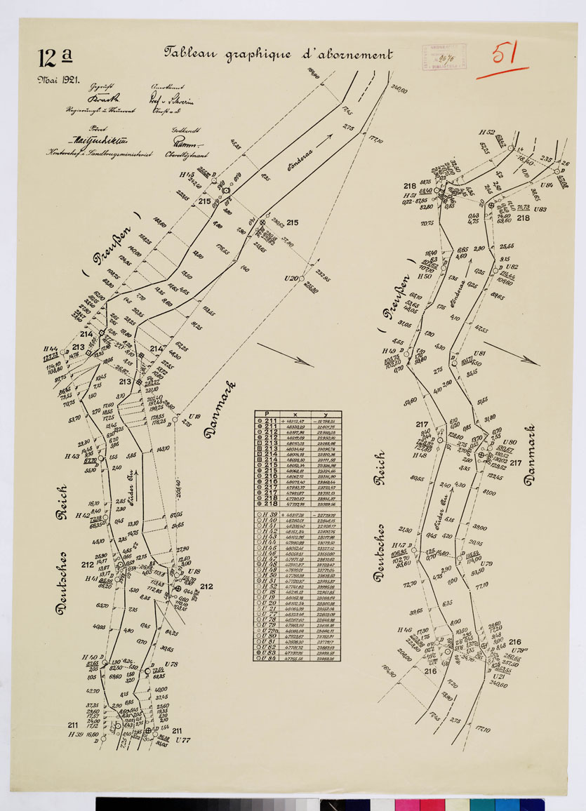 (N:8411) CARTE DE LA FRONTIERE ENTRE L'ALLEMAGNE (PRUSSE) ET LE DANEMARK - E TABLIE PAR LA COMMISSION DE DELIMITATION.  - TABLEAU GRAPHIQUE D'ABORNEMENT - Foglio 51 (B0009354) Carte e stampe antiche: riproduzione a colori su carta (formato A1)