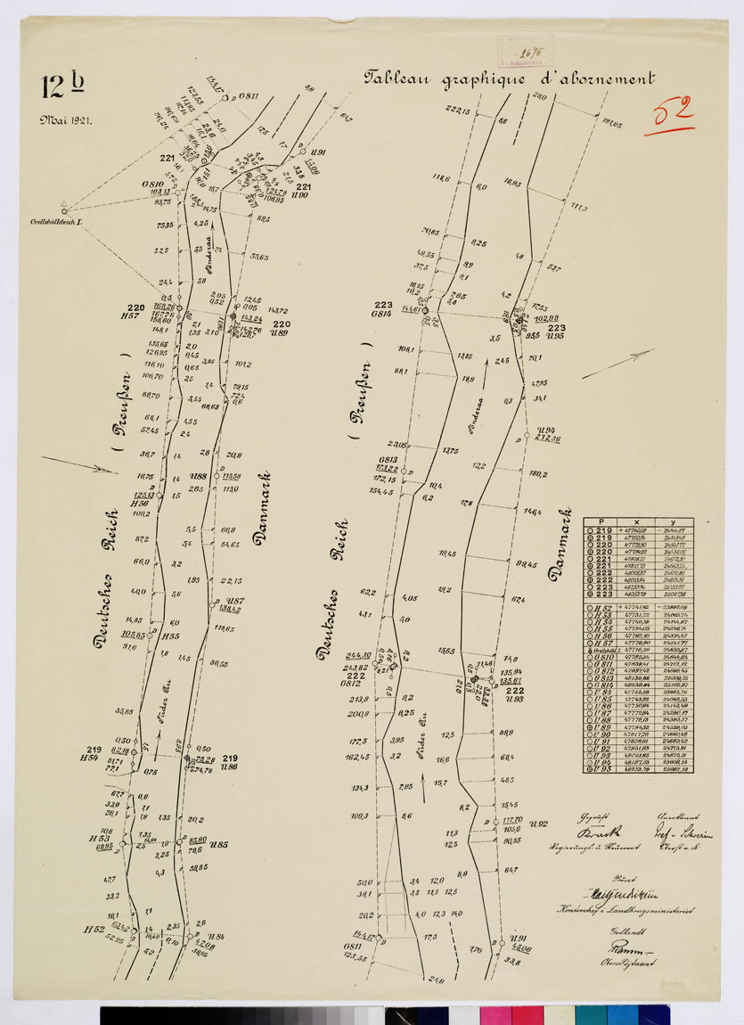 (N:8412) CARTE DE LA FRONTIERE ENTRE L'ALLEMAGNE (PRUSSE) ET LE DANEMARK - E TABLIE PAR LA COMMISSION DE DELIMITATION - TABLEAU GRAPHIQUE D'ABORNEMENT - Foglio 52 (B0009355) Carte e stampe antiche: riproduzione a colori su carta (formato A1)