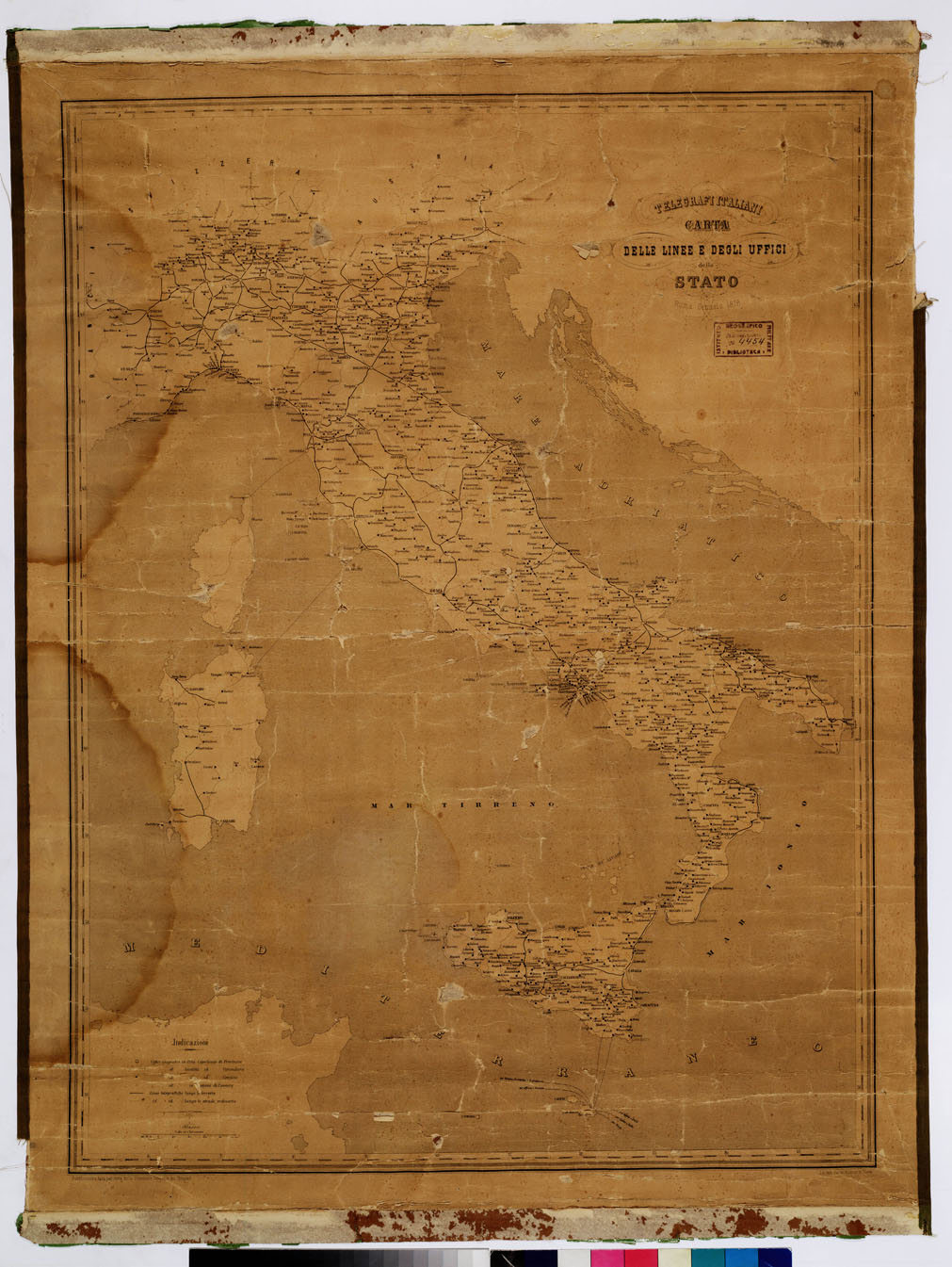 (N:16442) TELEGRAFI ITALIANI, CARTA DELLE LINEE E DEGLI UFFICI DELLO STATO (B0009394) Carte e stampe antiche: riproduzione a colori su carta (formato A1)