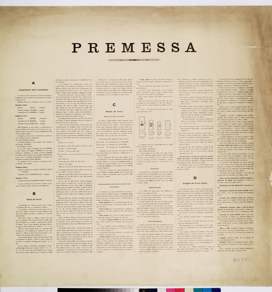 (N:9007) COMMISSIONE ITALO - S.H.S. PER LA DELIMITAZIONE DEI CONFINI FRA IL REGNO DITALIA E IL REGNO S.H.S. RILIEVO DI CONFINE E SUO PROFILO - PREMESSA (B0009397) Carte e stampe antiche: riproduzione a colori su carta (formato A1)