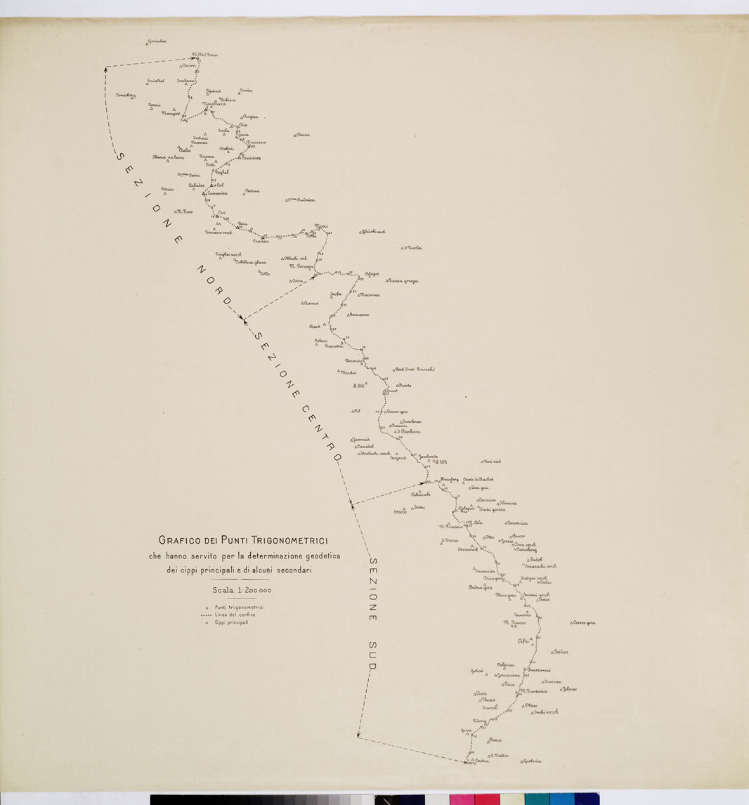 (N:8919) COMMISSIONE ITALO - S.H.S. PER LA DELIMITAZIONE  DEI CONFINI FRA IL REGNO DITALIA E IL REGNO S.H.S. RILIEVO DI CONFINE E SUO PROFILO - GRAFICO DEI PUNTI TRIGONOMETRICI (B0009401) Carte e stampe antiche: riproduzione a colori su carta (formato A1)