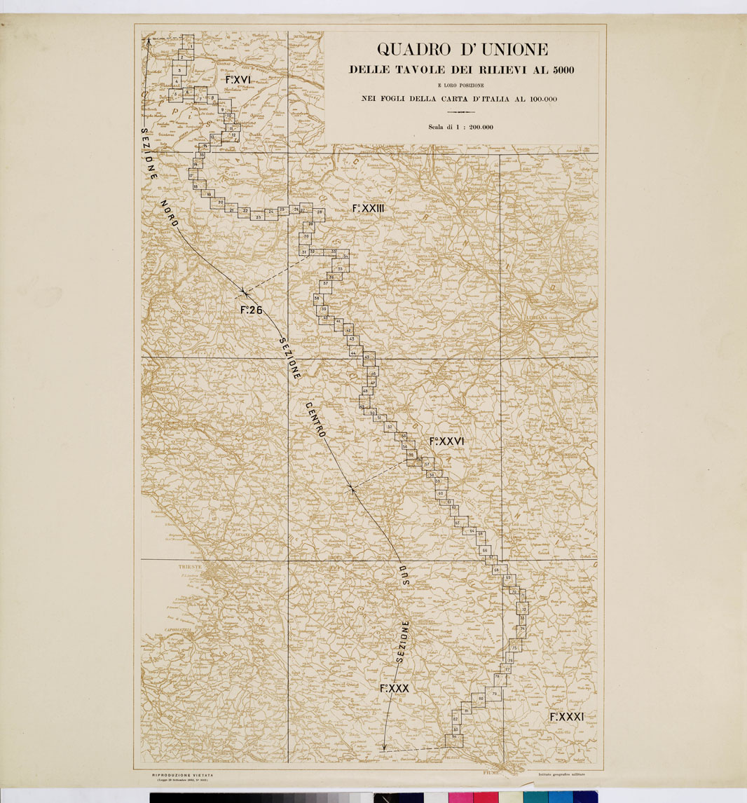 (N:9008) COMMISSIONE ITALO - S.H.S. PER LA DELIMITAZIONE DEI CONFINI FRA IL REGNO DITALIA E IL REGNO S.H.S. RILIEVO DI CONFINE E SUO PROFILO - QUADRO D'UNIONE (B0009402) Carte e stampe antiche: riproduzione a colori su carta (formato A1)