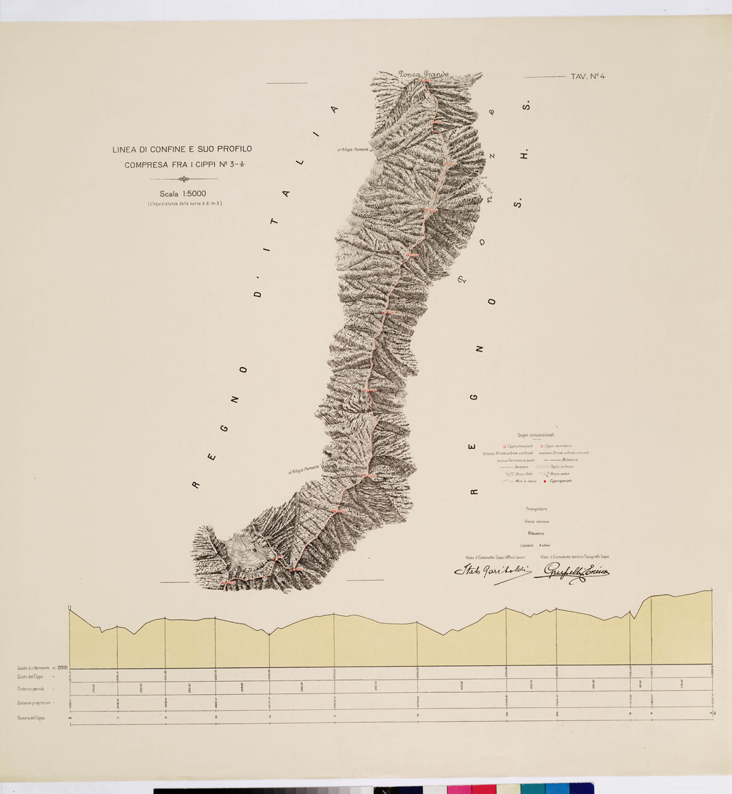 (N:8924) COMMISSIONE ITALO - S.H.S. PER LA DELIMITAZIONE DEI CONFINI FRA IL REGNO DITALIA E IL REGNO S.H.S. RILIEVO DI CONFINE E SUO PROFILO - Tavola 4 (B0009407) Carte e stampe antiche: riproduzione a colori su carta (formato A1)