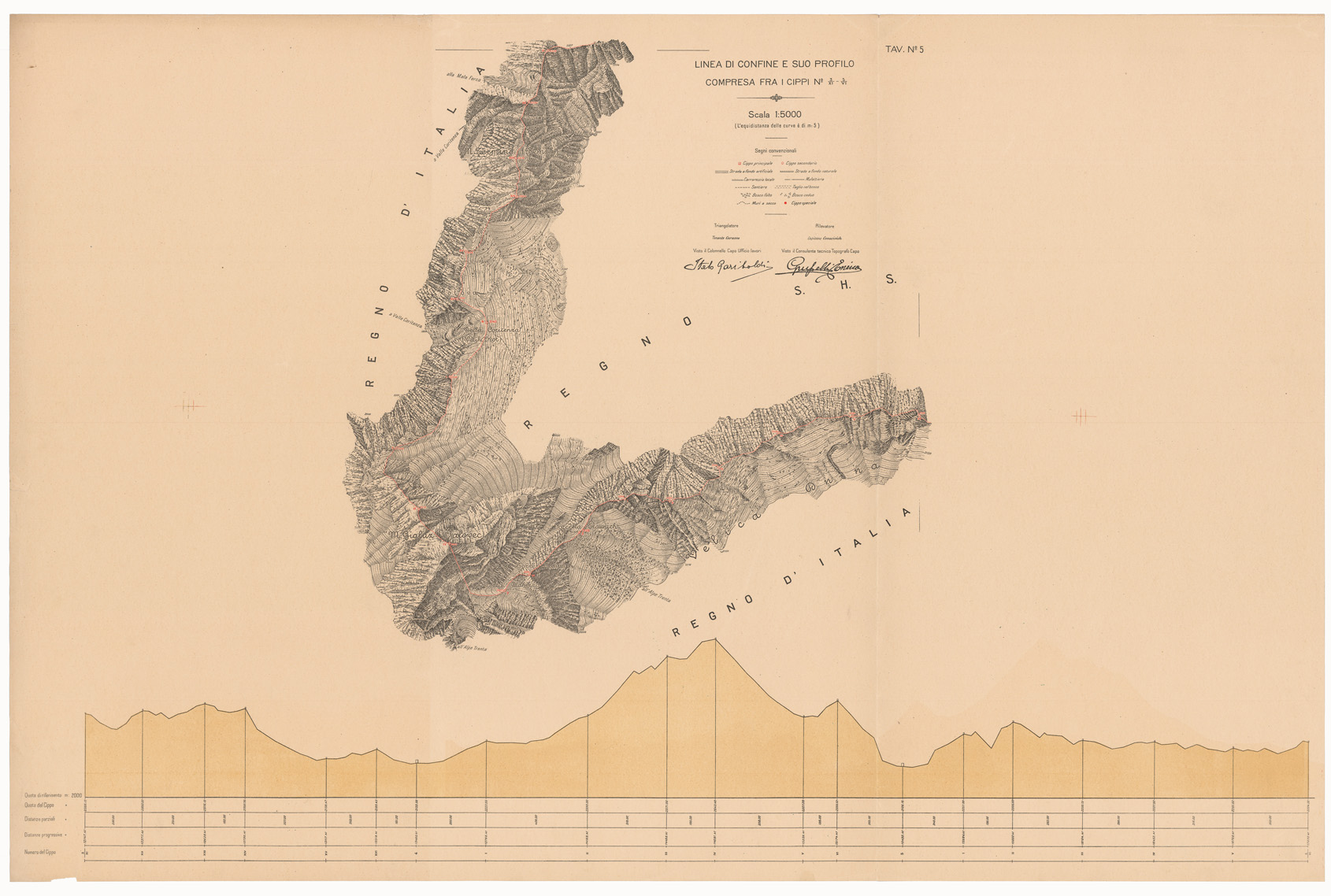 (N:8925) COMMISSIONE ITALO - S.H.S. PER LA DELIMITAZIONE DEI CONFINI FRA IL REGNO DITALIA E IL REGNO S.H.S. RILIEVO DI CONFINE E SUO PROFILO - Tavola 5 (B0009408) Carte e stampe antiche: riproduzione a colori su carta (formato A1)