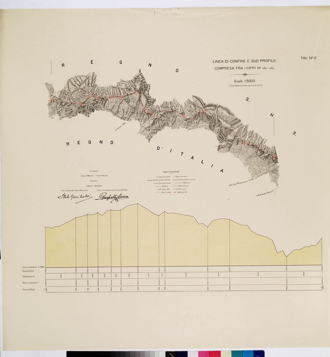(N:8929) COMMISSIONE ITALO - S.H.S. PER LA DELIMITAZIONE E I CONFINI FRA IL REGNO DITALIA E IL REGNO S.H.S. RILIEVO DI CONFINE E SUO PROFILO - Tavola 8 (B0009412) Carte e stampe antiche: riproduzione a colori su carta (formato A1)