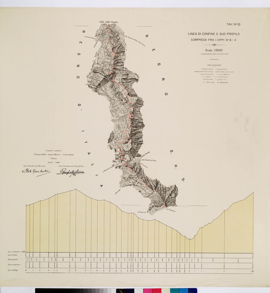 (N:8931) COMMISSIONE ITALO - S.H.S. PER LA DELIMITAZIONE DEI CONFINI FRA IL REGNO DITALIA E IL REGNO S.H.S. RILIEVO DI CONFINE E SUO PROFILO - Tavola 10 (B0009414) Carte e stampe antiche: riproduzione a colori su carta (formato A1)