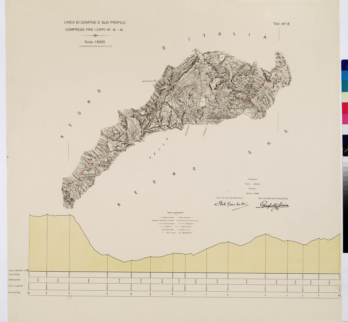 (N:8934) COMMISSIONE ITALO - S.H.S. PER LA DELIMITAZIONE DEI CONFINI FRA IL REGNO DITALIA E IL REGNO S.H.S. RILIEVO DI CONFINE E SUO PROFILO - Tavola 13 (B0009417) Carte e stampe antiche: riproduzione a colori su carta (formato A1)