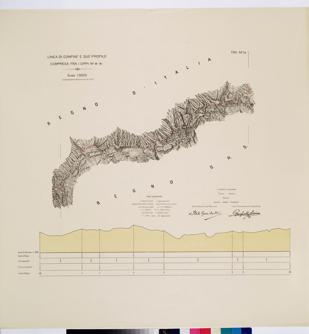 (N:8935) COMMISSIONE ITALO - S.H.S. PER LA DELIMITAZIONE DEI CONFINI FRA IL REGNO DITALIA E IL REGNO S.H.S. RILIEVO DI CONFINE E SUO PROFILO  - Tavola 14 (B0009418) Carte e stampe antiche: riproduzione a colori su carta (formato A1)