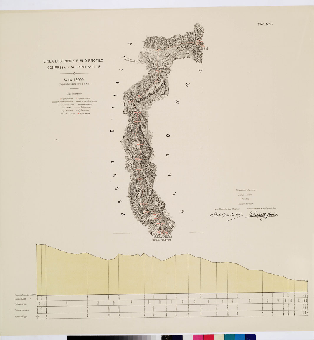 (N:8936) COMMISSIONE ITALO - S.H.S. PER LA DELIMITAZIONE DEI CONFINI FRA IL REGNO DITALIA E IL REGNO S.H.S. RILIEVO DI CONFINE E SUO PROFILO - Tavola 15 (B0009419) Carte e stampe antiche: riproduzione a colori su carta (formato A1)