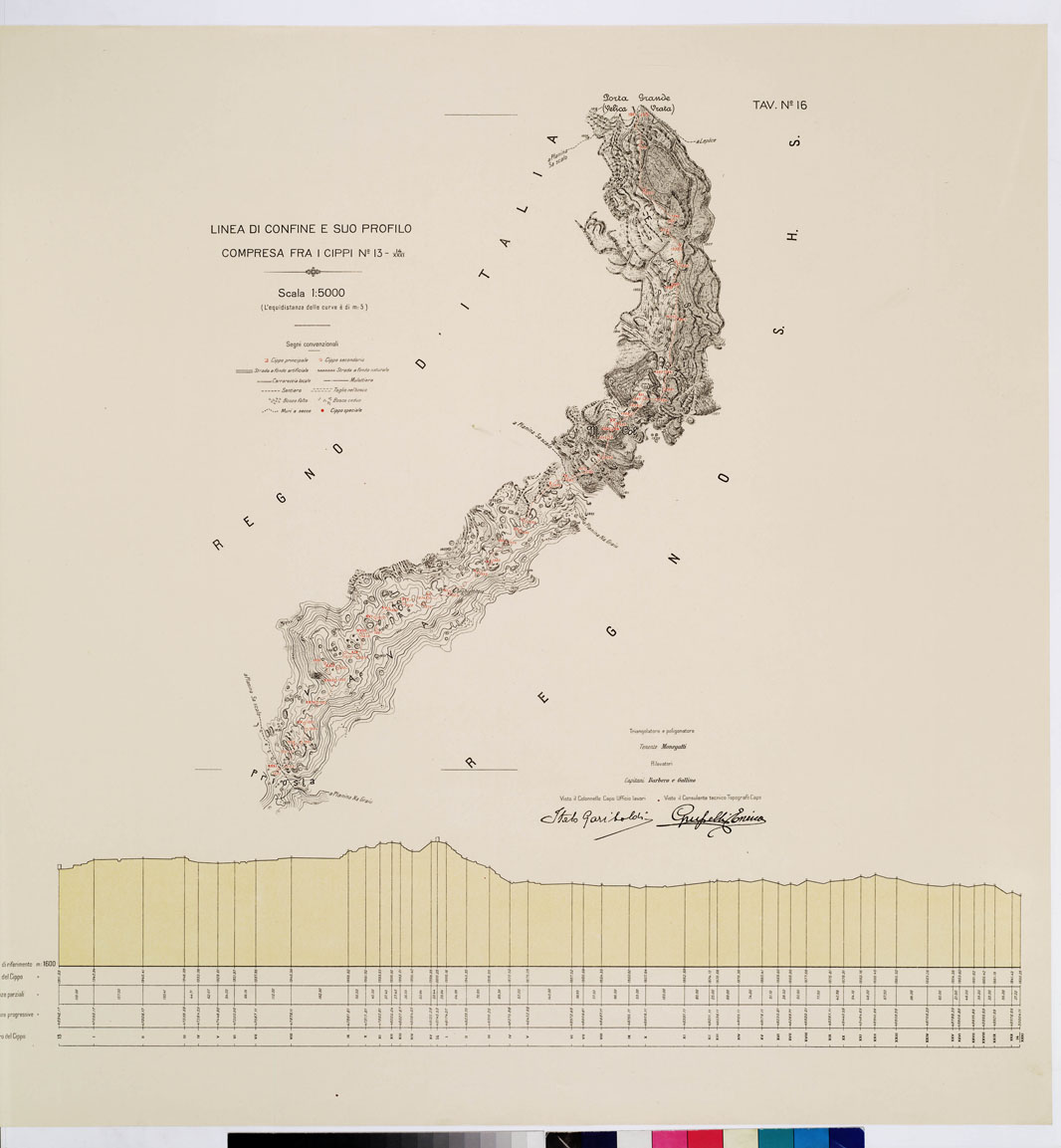 (N:8937) COMMISSIONE ITALO - S.H.S. PER LA DELIMITAZIONE DEI CONFINI FRA IL REGNO DITALIA E IL REGNO S.H.S. RILIEVO DI CONFINE E SUO PROFILO - Tavola 16 (B0009420) Carte e stampe antiche: riproduzione a colori su carta (formato A1)