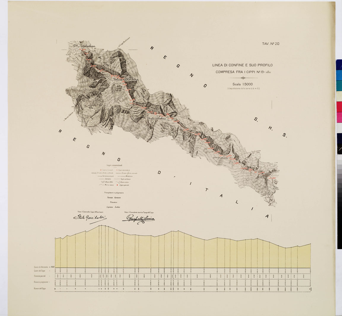 (N:8941) COMMISSIONE ITALO - S.H.S. PER LA DELIMITAZIONE DEI CONFINI FRA IL REGNO DITALIA E IL REGNO S.H.S. RILIEVO DI CONFINE E SUO PROFILO - Tavola 20 (B0009424) Carte e stampe antiche: riproduzione a colori su carta (formato A1)