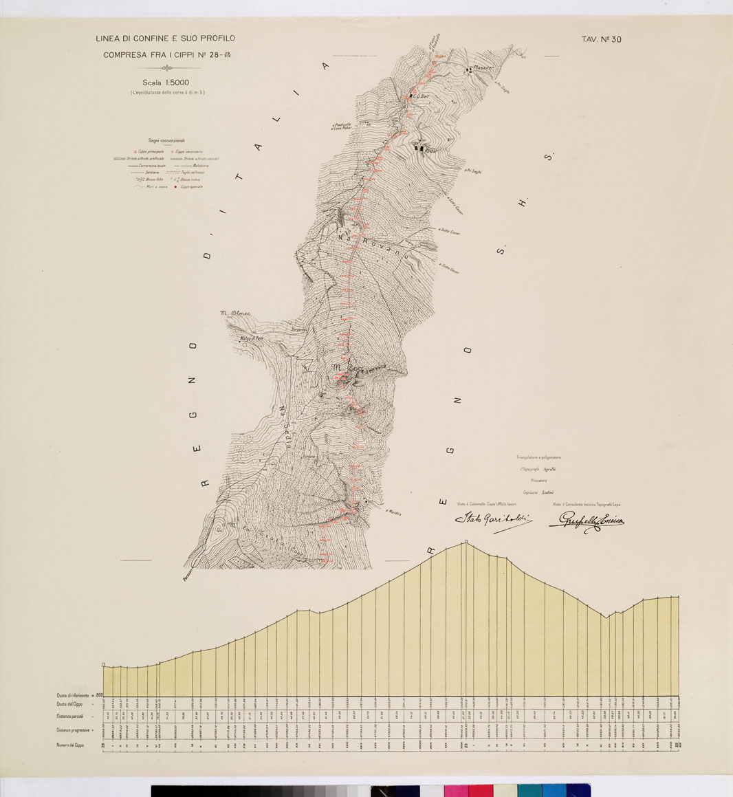 (N:8951) COMMISSIONE ITALO - S.H.S. PER LA DELIMITAZIONE E I CONFINI FRA IL REGNO DITALIA E IL REGNO S.H.S. RILIEVO DI CONFINE E SUO PROFILO - Tavola 30 (B0009434) Carte e stampe antiche: riproduzione a colori su carta (formato A1)