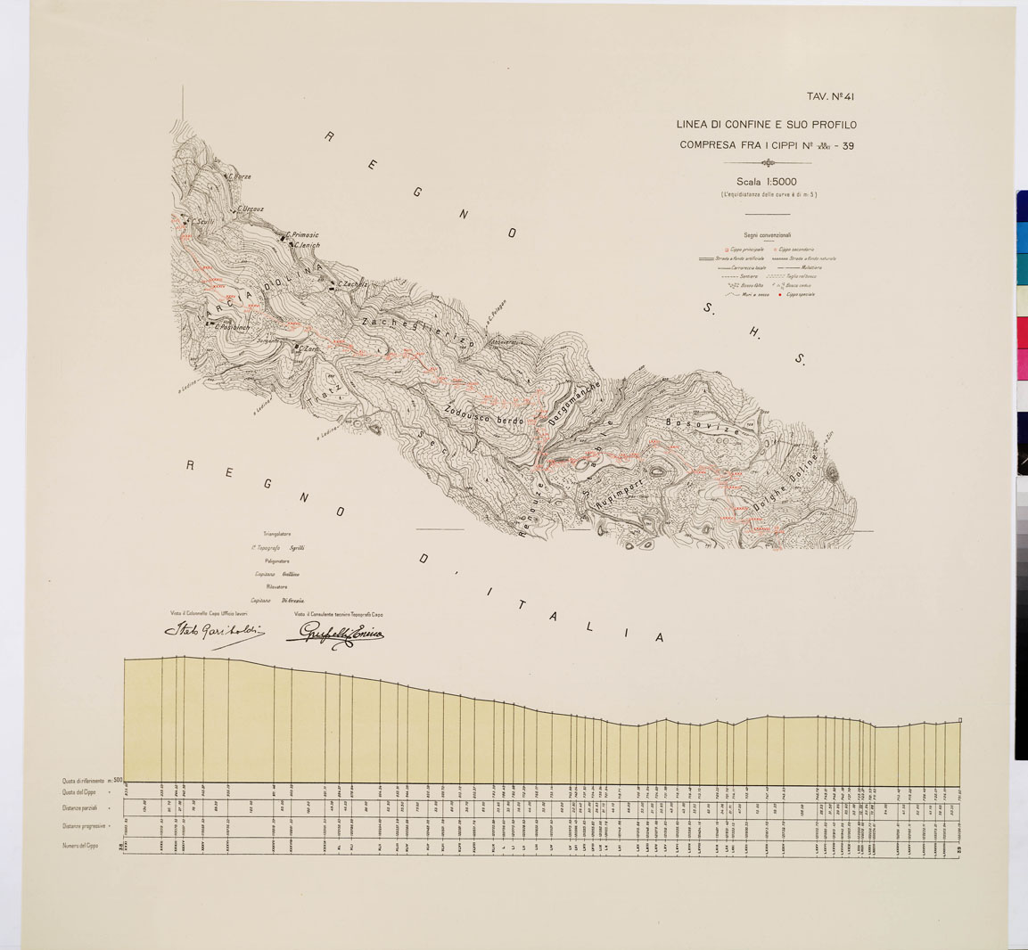 (N:8962) COMMISSIONE ITALO - S.H.S. PER LA DELIMITAZIONE E I CONFINI FRA IL REGNO DITALIA E IL REGNO S.H.S. RILIEVO DI CONFINE E SUO PROFILO - Tavola 41 (B0009445) Carte e stampe antiche: riproduzione a colori su carta (formato A1)