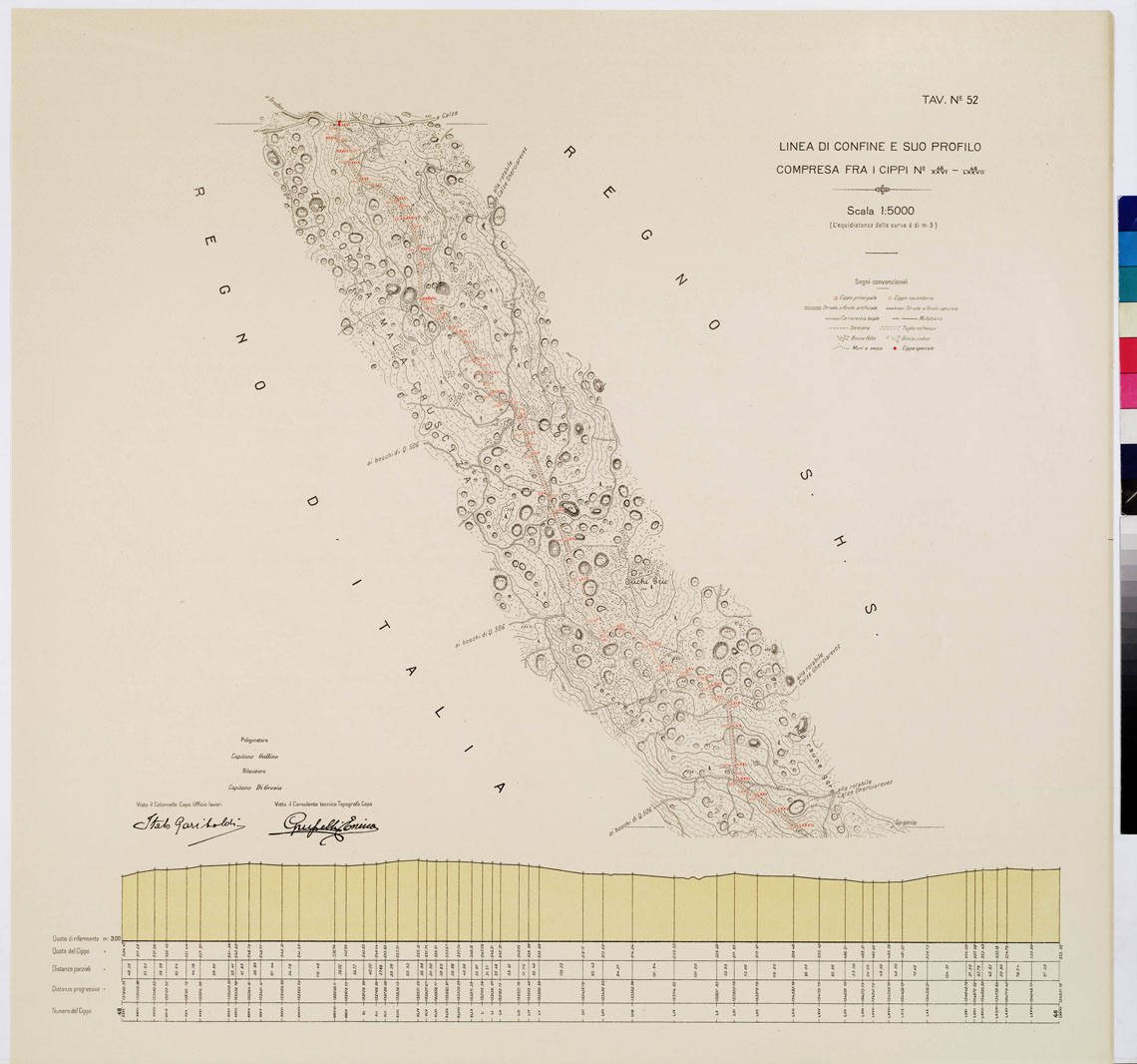 (N:8973) COMMISSIONE ITALO - S.H.S. PER LA DELIMITAZIONE E I CONFINI FRA IL REGNO DITALIA E IL REGNO S.H.S. RILIEVO DI CONFINE E SUO PROFILO - Tavola 52 (B0009456) Carte e stampe antiche: riproduzione a colori su carta (formato A1)
