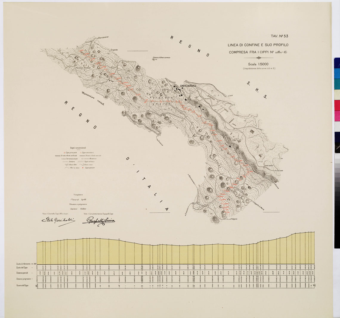 (N:8974) COMMISSIONE ITALO - S.H.S. PER LA DELIMITAZIONE E I CONFINI FRA IL REGNO DITALIA E IL REGNO S.H.S. RILIEVO DI CONFINE E SUO PROFILO - Tavola 53 (B0009457) Carte e stampe antiche: riproduzione a colori su carta (formato A1)